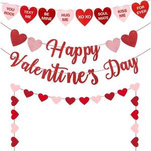 Happy Valentines Day Banner, Red & Pink Heart Garland Hearts Decorations